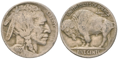 США 5 центов 1927 индеец, бизон KM 134 медно-никель 4614-1122