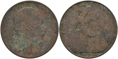 Великобритания 1 пенни 1906 Эдуард VII (1901-1910) KM 794.2, Sp 3990 бронза 4144-736