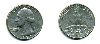 США 25 центов = квотер 1982 D, Вашингтон KM A164a медь плакированная медно-никелем 59-1942