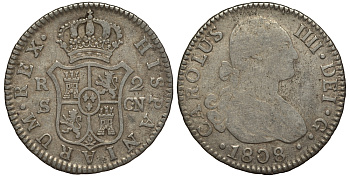 Испания 2 реала 1808 S CN, мондвор (Севилья), Карлос IIII (1788-1808) KM 430.2 ( C69.2) серебро 650-815