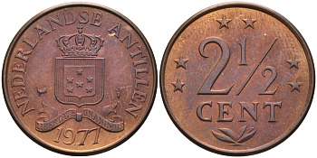 Нидерландские Антилы 2 1/2 цента 1977 Юлиана (1948-1980) KM 9 бронза 4586-753