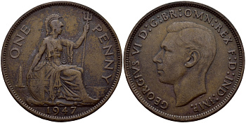 Великобритания 1 пенни 1947 Георг VI (1936-1952) KM 845, Spink 4114 бронза 4394-515