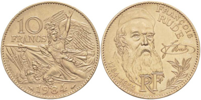 ФРАНЦИЯ 10 ФРАНКОВ 1984 200 ЛЕТ СО ДНЯ РОЖДЕНИЯ ФРАНСУА РУДЕ (1784-1855) KM 954, LE FRANC 369.3 никель бронза 215-625