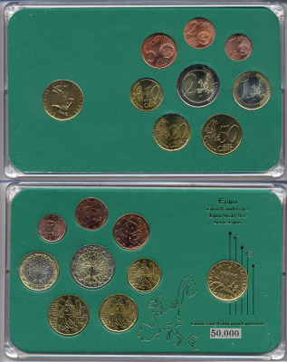 Франция евронабор от 1 евроцента до 2 евро  включает 1 франк 1971, планшет  биметалл, медно-никель  UNC  3-6-5-08