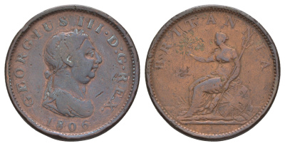 Великобритания 1 пенни 1806 Георг III (1760-1820) KM 663, Spink 3780 медь 1519-334