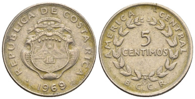 Коста-Рика 5 сентимо 1969 (1969-1970) KM 184.2 медно-никель 4115-1245