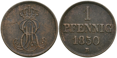 Ганновер 1 пфенниг 1850 B, Эрнст Август (1837-1851) KM 201.1, AKS 129, J. 74 медь 4608-1057