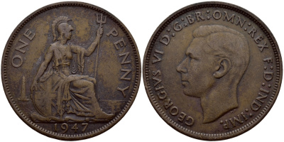 Великобритания 1 пенни 1947 Георг VI (1936-1952) KM 845, Spink 4114 бронза 4394-515