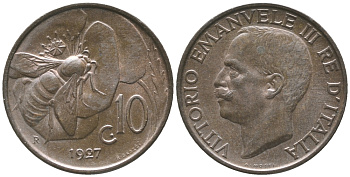 ИТАЛИЯ 10 ЧЕНТЕЗИМО 1927 R, ПЧЕЛА, ВИКТОР ИМАНУИЛ III KM 60 медь 34-446