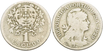 ПОРТУГАЛИЯ 1 ЭСКУДО 1929 ГОЛОВА СВОБОДЫ ВПРАВО KM 578 медно-никель 4517-426