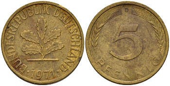 ФРГ 5 пфеннигов 1971 D J.382, KM 107 сталь плакированная латунью    4598-948