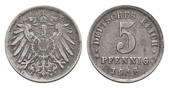 Германия 5 пфеннигов 1916 F, Вильгельм II (1888-1918) KM 19, J. 297, Weege 5 железо плакированное цинком 4640-157