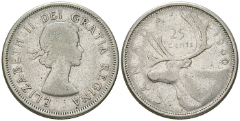 Канада 25 центов 1960 Елизавета II (1952-2022), олень KM 52 серебро 4175-436
