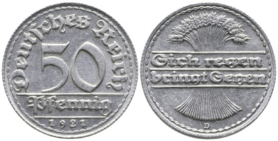 ГЕРМАНИЯ 50 ПФЕННИГОВ 1921 D KM 27, J. 301 алюминий 24-1016