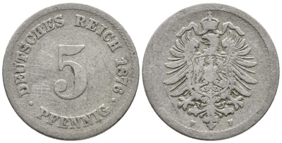ГЕРМАНИЯ 5 ПФЕННИГОВ 1876 F, СТАРОГЕРБОВКА KM 3, J. 3 медно-никель 39-411
