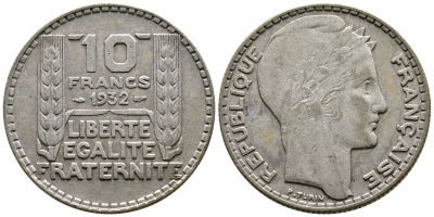 Франция 10 франков 1932 Пьер Тюрен KM 878, Le Franc 360.5 серебро 79-1534