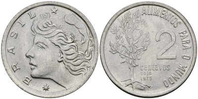 БРАЗИЛИЯ 2 СЕНТАВО 1975 FAO, ГОЛОВА СВОБОДЫ KM 586 нержавеющая сталь 3334-1242