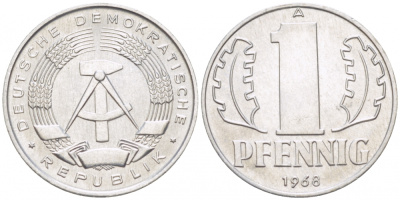 ГДР 1 ПФЕННИГ 1968 А KM 8.1 алюминий UNC 3955-542