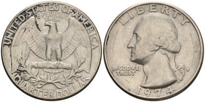 США 25 центов (квотер) 1974 D, Вашингтон KM 164a медь плакированная медно-никелем    4606-646