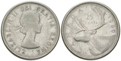 Канада 25 центов 1960 Елизавета II (1952-2022), олень KM 52 серебро 4175-436