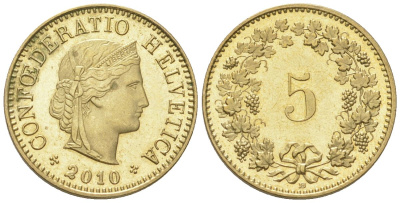 Швейцария 5 раппенов 2010 B KM 26c алюминиевая бронза UNC 4115-1262