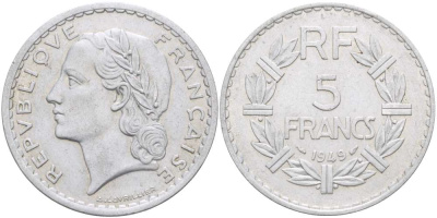 Франция 5 франков 1949 тип Лаврийе KM 888b.1, LE FRANC 339.17 алюминий 4521-322