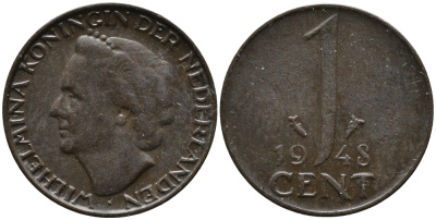 Нидерланды 1 цент 1948 Вильгельмина (1890-1948), год тип KM 175 бронза 3458-245