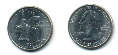 США 25 центов = квотер 2001 Р, серия штаты США, Нью-Йорк KM 318 медь плакированная медно-никелем 4388-754