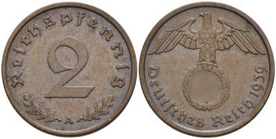 Германия 2 рейхспфеннига 1939 A KM 90, J. 362 бронза 4151-129