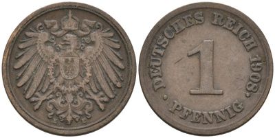 Германия 1 пфенниг 1908 E KM 10, J. 10 медь 4567-1264