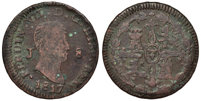 Испания 8 мараведи 1817 J Фердинанд VII KM 461 медь    4117-532