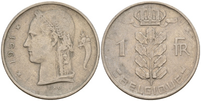 Бельгия 1 франк 1951 Belgique KM 142.1 медно-никель    4161-1224