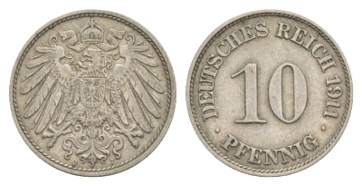 Германия 10 пфеннигов 1911 J, Вильгельм II (1888-1918) KM 12, J. 13 медно-никель 4640-321