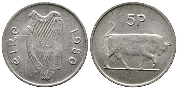 ИРЛАНДИЯ 5 ПЕНСОВ 1980 БЫК KM 22 медно-никель 4110-924