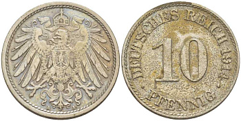 ГЕРМАНИЯ 10 ПФЕННИГОВ 1914 A KM 12, J. 13, Weege 8 медно-никель 212-311