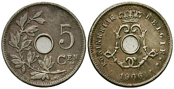 Бельгия 5 сантимов 1906 Belgie, Леопольд II (1865-1909) KM 55 медно-никель 4173-147
