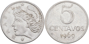 Бразилия 5 сентаво 1969  голова свободы влево KM 577.2, Schon 82a нержавеющая сталь 213-737