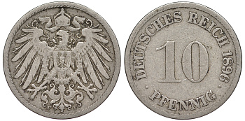 ГЕРМАНИЯ 10 ПФЕННИГОВ 1896 F KM 12, J. 13 медно-никель 45-1227