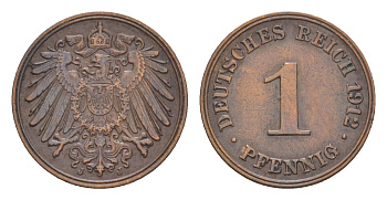 Германия 1 пфенниг 1912 J, Вильгельм II (1888-1918) KM 10, J. 10 медь 4639-1147