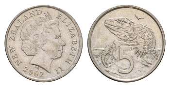 Новая Зеландия 5 центов 2002 Елизавета II (1952-2022), ящерица гаттерия KM 116 медно-никель 4588-452