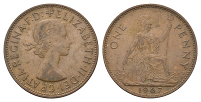 Великобритания 1 пенни 1967 Елизавета II (1952-2022) KM 897, Spink 4157 бронза 4661-1042