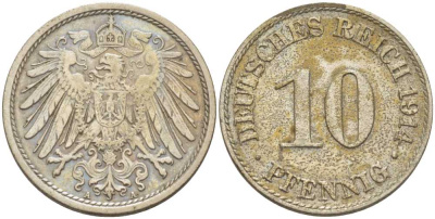 ГЕРМАНИЯ 10 ПФЕННИГОВ 1914 A KM 12, J. 13, Weege 8 медно-никель 212-311