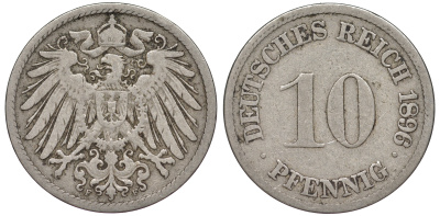 ГЕРМАНИЯ 10 ПФЕННИГОВ 1896 F KM 12, J. 13 медно-никель 45-1227