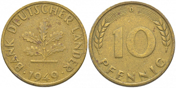 ФРГ 10 ПФЕННИГОВ 1949 D KM 103, J.378 сталь плакированная латунью 3856-343