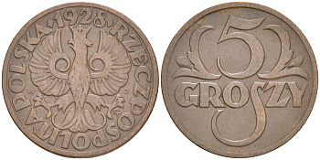 ПОЛЬША 5 ГРОШЕЙ 1928 w KM 10а бронза 4516-1122
