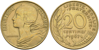 Франция 20 сантимов 1967 тип Marianne KM 930 медь алюминий никель    4595-1046