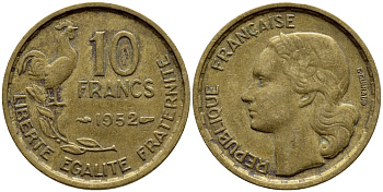 ФРАНЦИЯ 10 ФРАНКОВ 1952 ПЕТУХ KM 915.1 алюминиевая бронза 4397-811