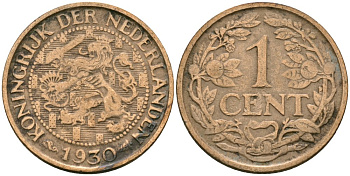 Нидерланды 1 цент 1930 Вильгельмина (1890-1948) KM 152 бронза 4576-1125