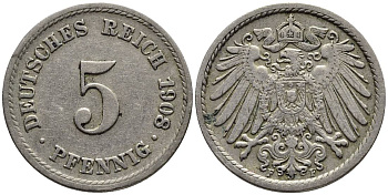 Германия 5 пфеннигов 1908 F KM 11, Jager 12, Weege 6 медно-никель 4547-466