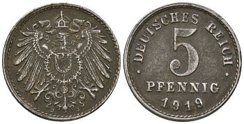 Германия 5 пфеннигов 1919 J KM 19, AKS 17, J 297, Schon DM 20, Neum 33 железо 4588-518